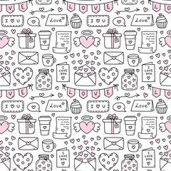 Naklejka premium Cute seamless pattern for Valentines Day with hearts, letters, envelopes, coffee, cupcakes, gifts. Vector hand-drawn doodle illustration. Perfect for holiday designs, print, decor, wrapping