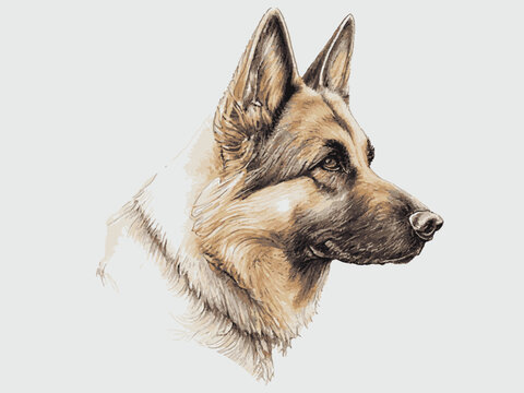 German Shepherd Pen Drawing Vector Illustration