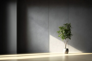 Fototapeta na wymiar dark empty room with plant in pot over concrete wall and wood floor background, 3d rendering in minimalist style 