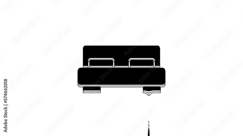 Poster black big bed for two or one person icon isolated on white background. 4k video motion graphic anima