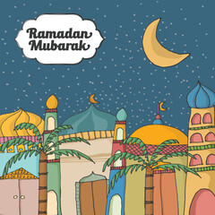 A social media post for ramadan mubarak with a colorful cityscape, a banner for ramadan