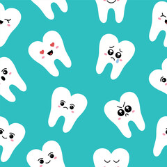 Seamless teeth pattern, with different facial expressions. Teeth in the style of kawaii. Vector illustration.