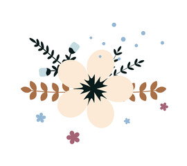 Flower with leaves, floral bouquet. Vector flowers. Spring art. Happy Easter, Woman Day element. Folk style. Posters for the spring holidays isolated on white background.