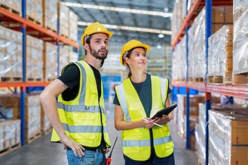 Warehouse worker standing check stock quantity of product and key information to tablet pc