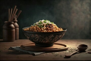 Asian noodles served on the table. Generative AI