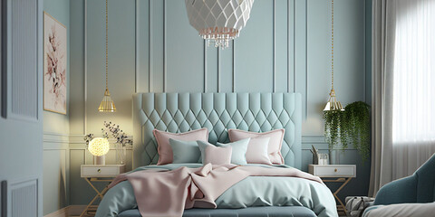 interior of a bedroom in pastel colors