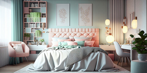interior of a bedroom in pastel colors