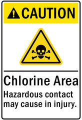 Chlorine gas hazard sign and labels chlorine area, hazardous contact may cause in injury