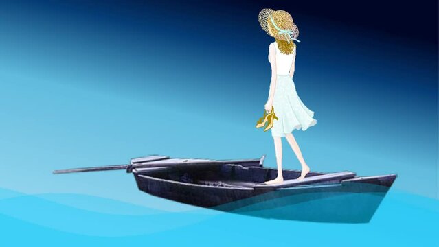 Rearview of cartoon girl standing on boat, ship, water waves, sea  background and 2d animation