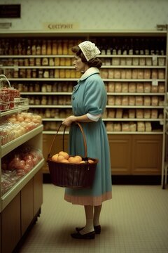 Vintage Rustic Supermarket Shopping Concept, Woman Going To Get Basic Groceries For Her Family. Retro Full Basket. Generative AI.