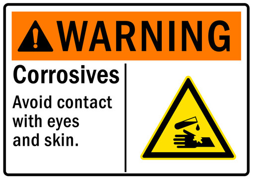 Corrosive material hazard sign and labels  avoid contact with eye and skin
