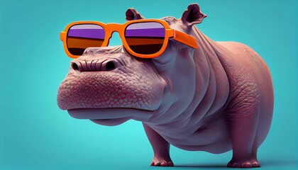 hippopotamus wearing sunglasses on a solid color background, vector art, digital art, faceted. Generative AI.  - obrazy, fototapety, plakaty