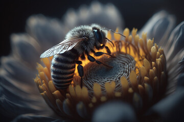 Close up of a bee harvesting pollen from a flower bee pollinating a flower