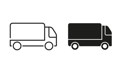 Van Shipping Parcel Silhouette and Line Icon Set. Deliver Lorry Sign. Cargo Fast Delivery Service Pictogram. Freight Truck Transport Courier Symbol. Editable Stroke. Isolated Vector Illustration