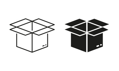 Open Cardboard Box for Shipping Silhouette and Line Icon Set. Opened Carton Package Storage Pack Pictogram. Delivery Parcel Box Black Sign. Editable Stroke. Isolated Vector Illustration