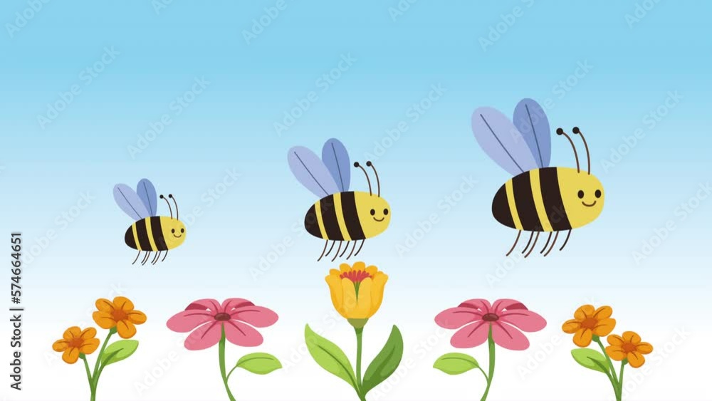 Sticker flowers spring garden and bee animation