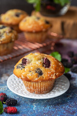 freshly baked homemade mulberry muffins on white ceramic plate.