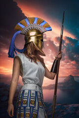 Artwork of warlike woman dressed in tunic and helmet holding spear against sky.