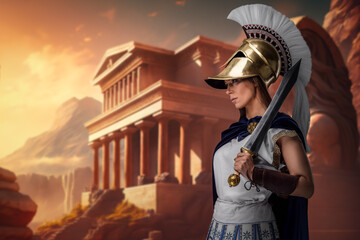 Plakat Portrait of warlike greek woman dressed in tunic and cloak holding sword.