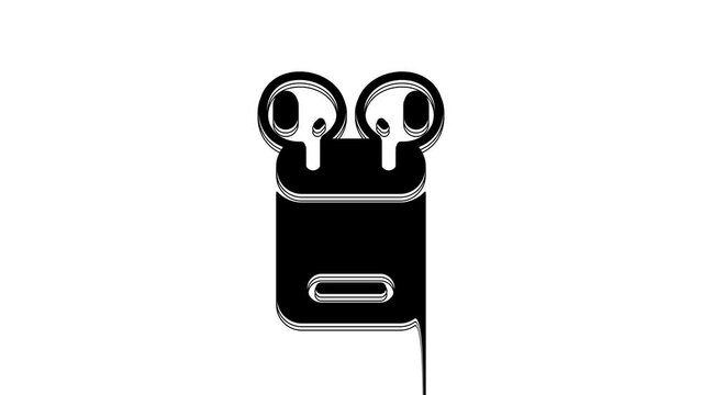 Black Air headphones in box icon isolated on white background. Holder wireless in case earphones garniture electronic gadget. 4K Video motion graphic animation