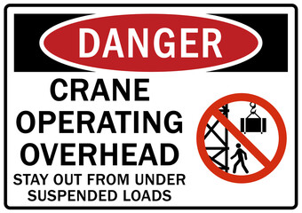 Overhead crane hazard sign and labels crane operating overhead, stay out from under suspended loads