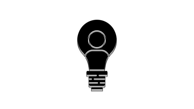 Black Human head with lamp bulb icon isolated on white background. 4K Video motion graphic animation