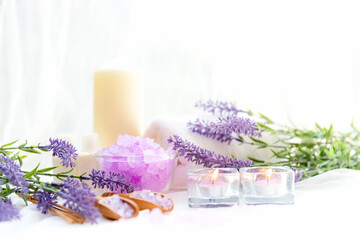 Obraz na płótnie Canvas Spa beauty massage health wellness background.  Spa Thai therapy treatment aromatherapy for body woman with lavender flower nature candle for relax and summer time.  Lifestyle Health Concept