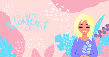 March 8, International Women's Day. Sweet girl with blonde hair. Vector template with an inscription. Vector illustration.