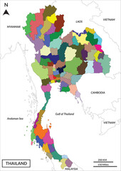 Map of Thailand includes border countries Myanmar, Laos, Cambodia, Vietnam, Gulf of Thailand, and Andaman Sea	