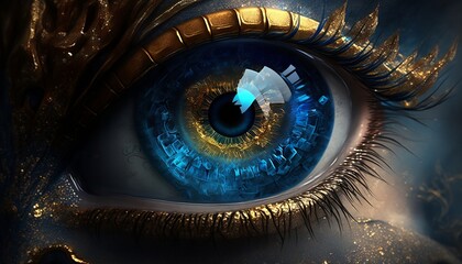 gros plan d'un oeil bleu et jaune, généré par IA