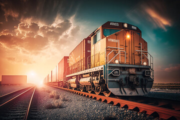 Cargo train platform at sunset with container, Generative AI