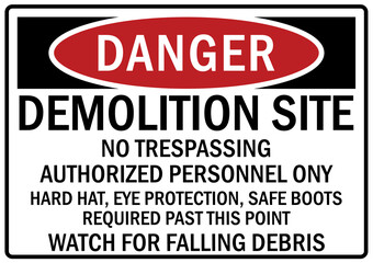 Demolition in progress warning sign and labels  demolition site, no trespassing, authorized personnel only. Watch for falling debris