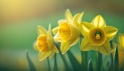 Yellow Daffodils Flowers closeup on green background. Generative ai