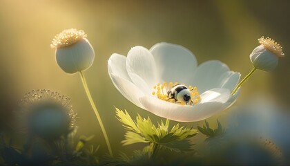Dreamy white spring anemone flower bloom, grass, ladybug, butterfly close-up against sunlight panorama. Generative ai