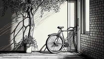 A line drawing of a bicycle leaning against a wall generative AI - obrazy, fototapety, plakaty