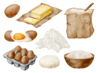 Watercolor baking ingredients set. Hand drawn flour sack and bowl, dough, eggs and butter isolated on white background. Cooking pastry elements. Kitchen clipart for bakery logo, blog, recipe book