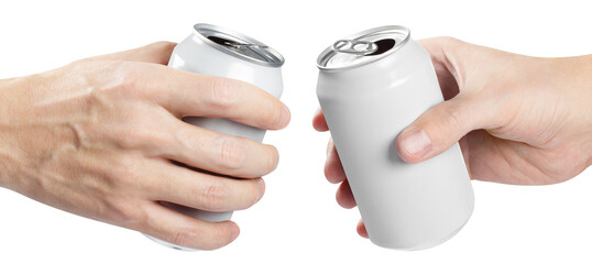 Hands with aluminum beer cans cut out - obrazy, fototapety, plakaty