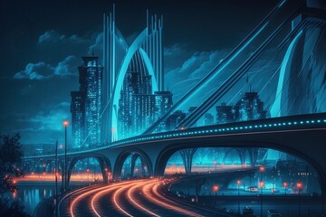 Fototapeta na wymiar Futuristic infrastructure of a smart night city. Blue neon colors. AI