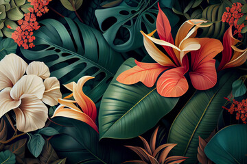  Abstract pattern with beautiful tropical flowers. Created with Generative AI