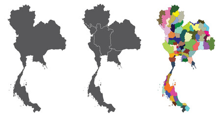 Thailand map set region provinces in black color on grey and colorful map	