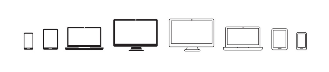 Computer Laptop Smartphone Tablet icon. Device flat and line icons set. Vector