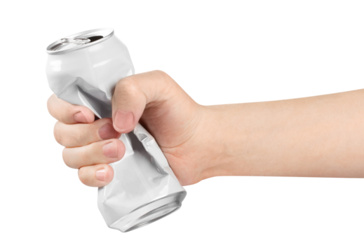 Hand holding crumpled aluminium can cut out