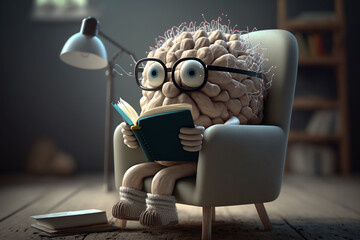 brain absorbs knowledge reads a book, education learning concept illustration Generative AI