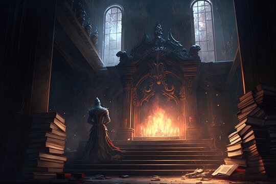 Stacks of books by the fireplace next to the throne of darkness. Background fantasy. Concept art