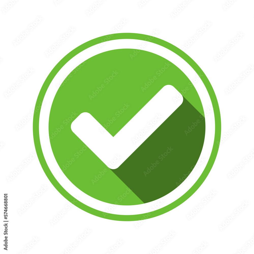 Poster round yes or right or approved accepted icon sign with checkmark tick and 3d shadow effect in green 