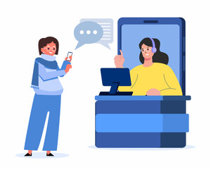Obraz na płótnie Canvas Female hotline operator advises client via online, online technical support concept.