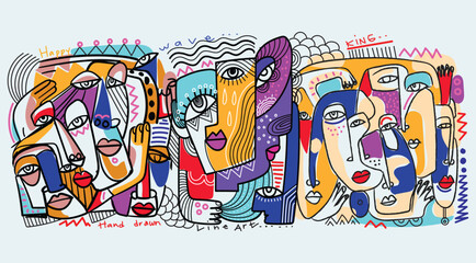 Large group of various people abstract face portrait, shapes,doodle,line, hand drawn vector illustration.