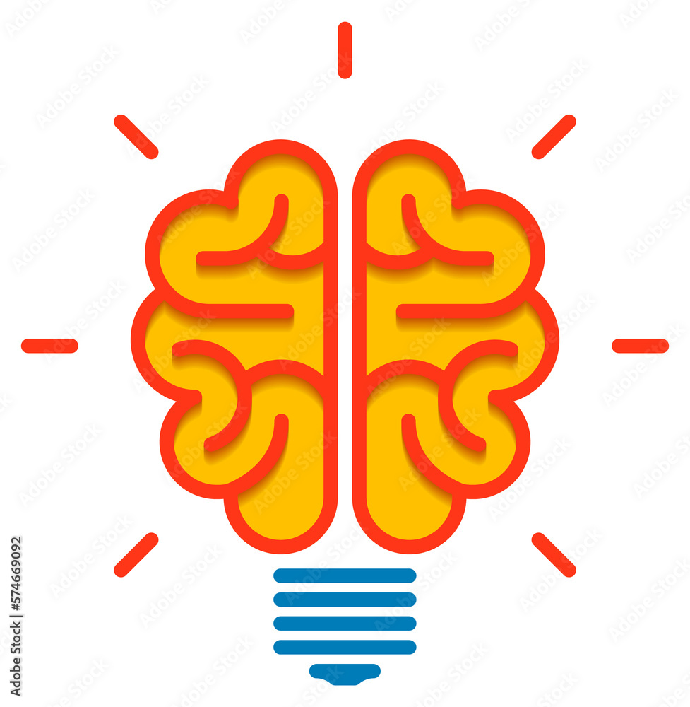 Sticker idea color icon. brain shape lightbulb shining