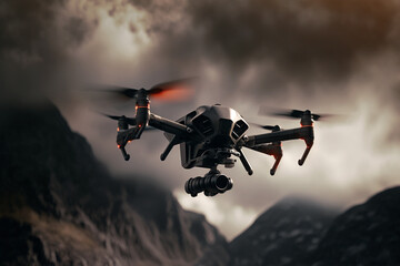 Obraz na płótnie Canvas flying drone in foggy mountains illustration Generative AI