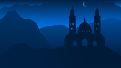 Silhouette landscape of mosque with shiny blue sky for ramadan design graphic. Background illustration of Islamic mosque in the hill for ramadan celebration in muslim culture and islam religion